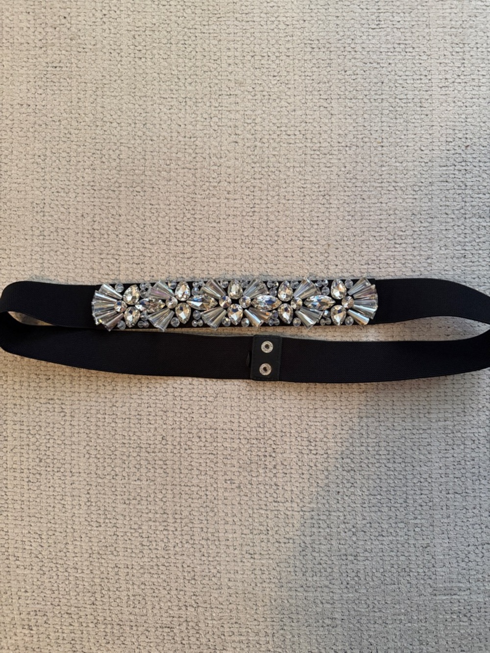 Embellished Black Elastic Waist Belt with Silver Crystal Accents